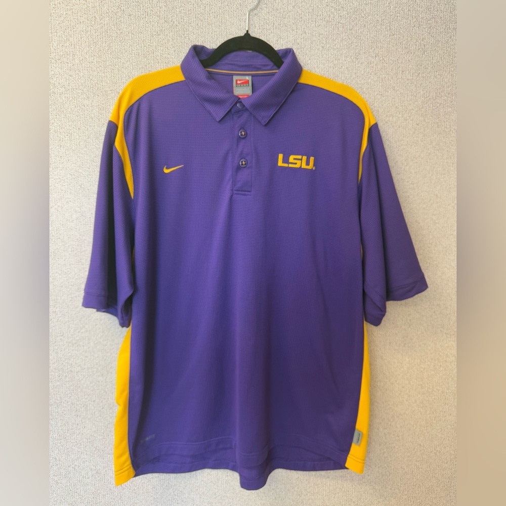 Nike Team Dri Fit‎ Mens Size Large LSU Tigers Logo Purple Polo Shirt lightweight